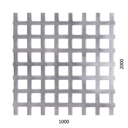 děrovaný plech čtvercový řadový Zn, otvor: 10 x 10 mm, rozteč: 14 mm, (1000x2000x1,0 mm)
